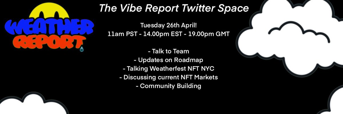 Join the @WeatheReportNFT space today! 
With our team landing in New York to scope out venues for Weather fest &amp; Our highest volumes of sales in 3 weeks, we have a lot to talk about!  

There is a storm brewing baby..⛈🍎🍏