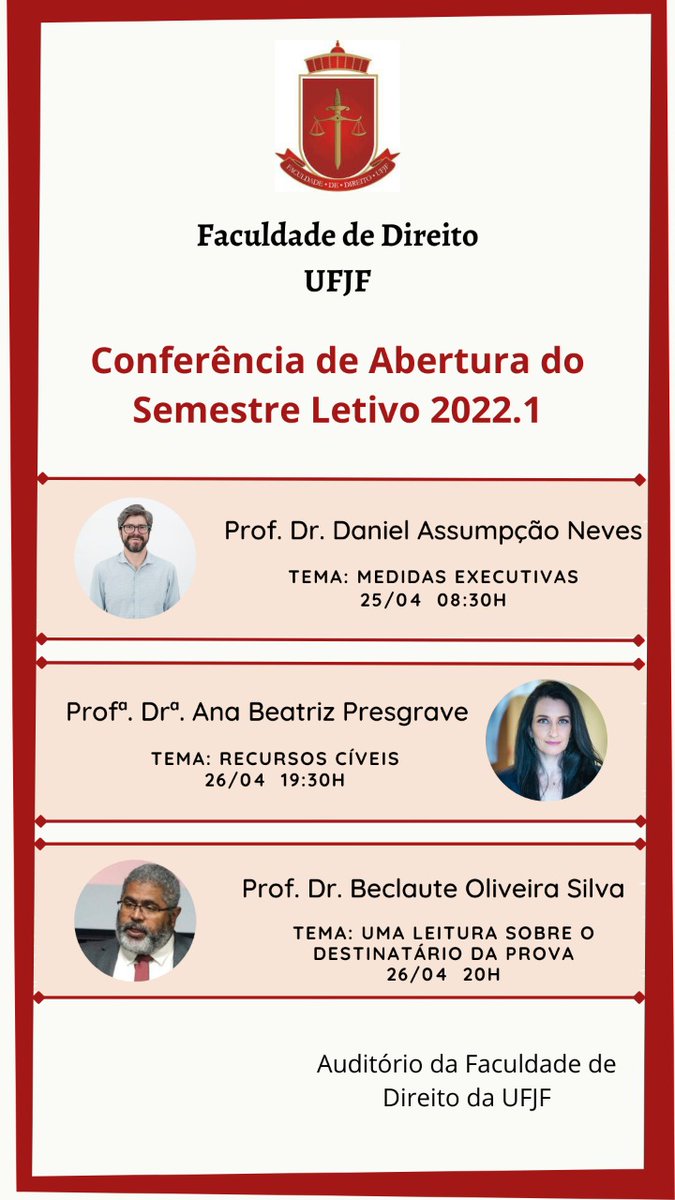 marciocfaria's tweet image. Hoje, 26.04, a partir das 19h30, palestras PRESENCIAIS com os Profs. @Beclaute1 e @AnaPresgrave na #FACDIR. 

Compareça! #ufjf #direitoufjf