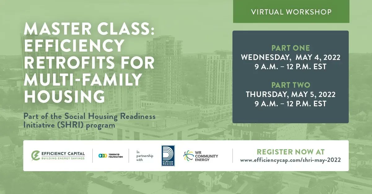 WRCEnergy's tweet photo. Master Class on Efficiency Retrofits for Multi-Family Housing with WRCE, @EfficiencyCap & @RegionofDurham coming up the mornings of May 4&5 πππ
Full schedule, speakers & free registration here : https://t.co/W2AyxI5hG6
#EnergyEfficiency #MURBs #Housing #WatReg #WRAwesome https://t.co/HdZydZ0Lih