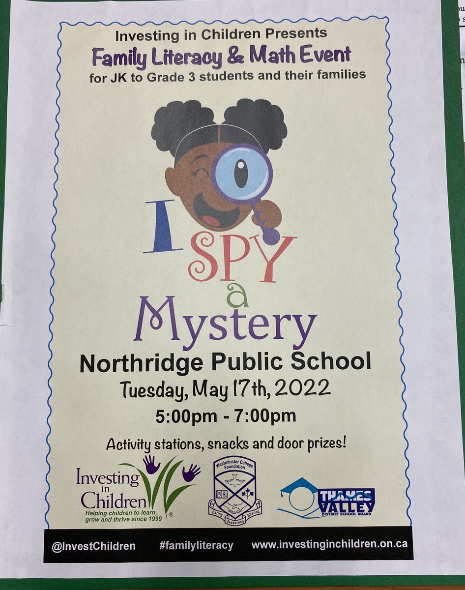 Northridge PS London (@northridgeps) on Twitter photo "I Spy A Mystery"- Family Math and Literacy Night is coming to Northridge!! Tuesday May 17, 2022 5:00pm-7:00pm. Activity stations, snacks and door prizes! See everyone there! #TVDSBmath #TVDSBliteracy #familyliteracy <a href="/InvestChildren/">InvestinginChildren</a> <a href="/TVDSB/">Thames Valley DSB</a> "I Spy A Mystery"- Family Math and Literacy Night is coming to Northridge!! Tuesday May 17, 2022 5:00pm-7:00pm. Activity stations, snacks and door prizes! See everyone there! #TVDSBmath #TVDSBliteracy #familyliteracy <a href="/InvestChildren/">InvestinginChildren</a> <a href="/TVDSB/">Thames Valley DSB</a>