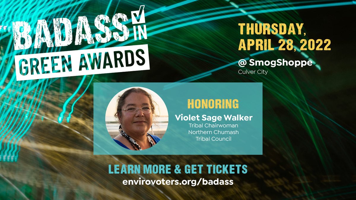 envirovoters's tweet photo. At this year’s #BadassInGreen’s award on 4/28, we’re honoring Violet Sage Walker, the Chairwoman of the Northern Chumash Tribal Council &amp; a 7th generation beekeeper for her role in tackling the climate crisis.

Read about Violet &amp; join us to celebrate: https://t.co/w0OkXmAE72 https://t.co/xg9RV5cosF