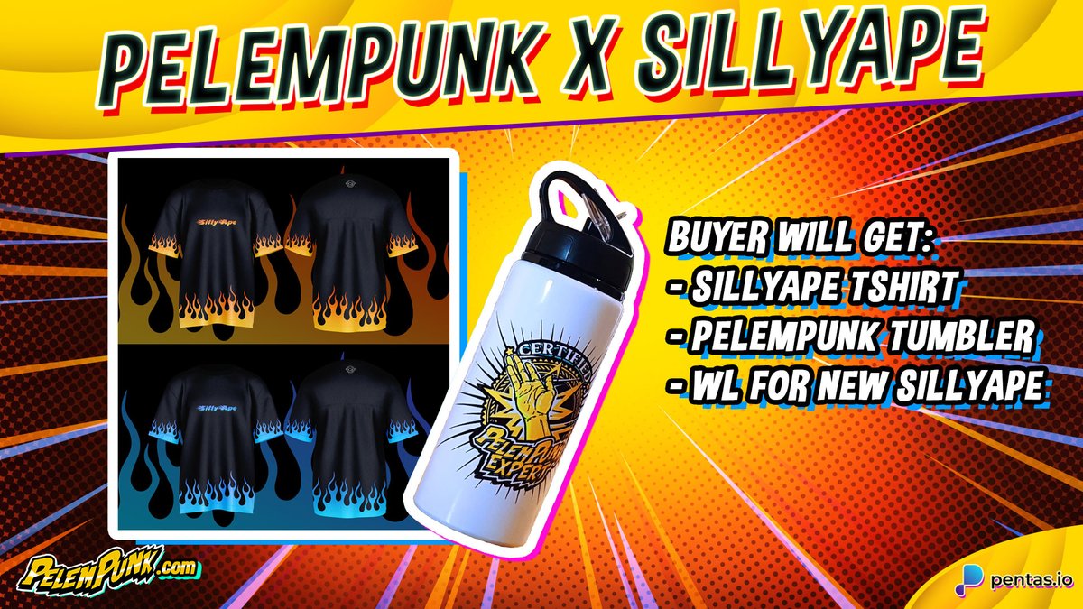 IT'S OUT!

@untat_nft X Pelempunk now available on <a href="/pentas_io/">Pentas | NFT Marketplace</a> !

For only 0.2 #BNB, u will get:
- SillyApe Tshirt
- Pelempunk Tumbler
- New SillyApe WL

app.pentas.io/nft/266273

Go grab it, geng!

#nftcommunity #nftcollab #pentasio