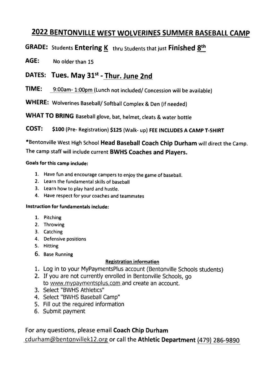 2022 BWHS Summer Baseball Camp