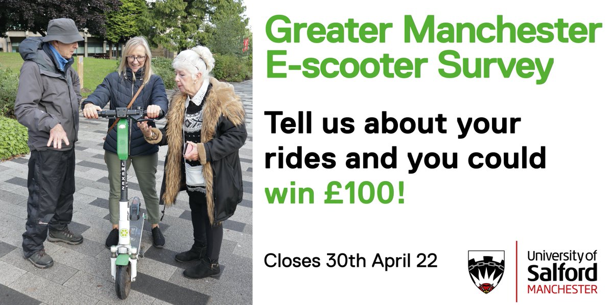 DrMikeJL's tweet photo. Can you help with our study about e-scooters in Greater Manchester, please? It's a simple online survey (about 5-10 minutes) and you could win £100. You don't have to have been on one to take part but you do have to live, work or study in GM.
https://t.co/RZvshEKA6U https://t.co/WnOMNbCYmQ