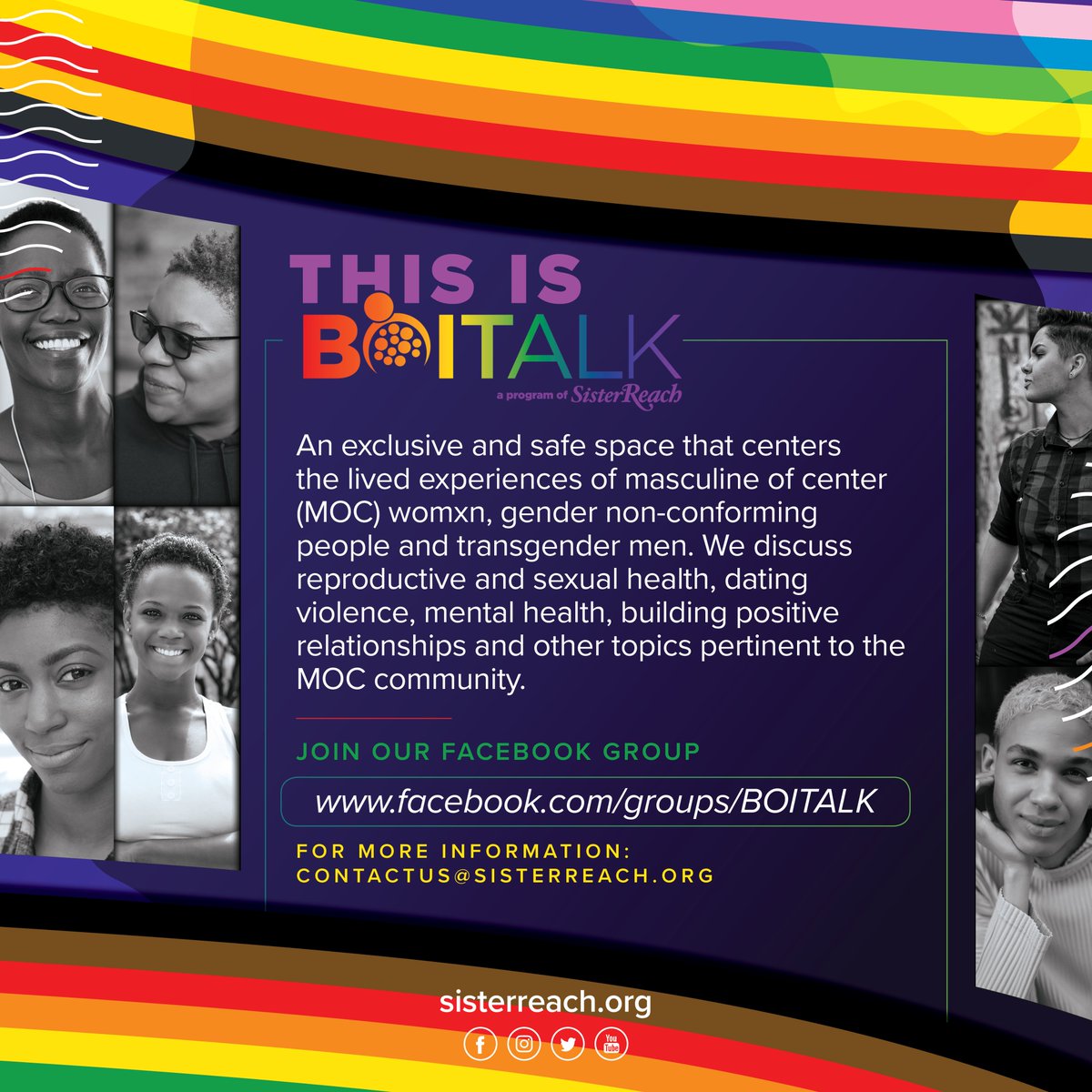SisterReach's tweet photo. BOITALK is an exclusive safe space that centers the lived experiences of masculine of center woman, gender non-conforming people and transgender men. Scan the QR code or join our Facebook group. Make sure you tell a friend! We are excited for you to join! #BOITALK #SisterReach https://t.co/9K4sUbNOFy
