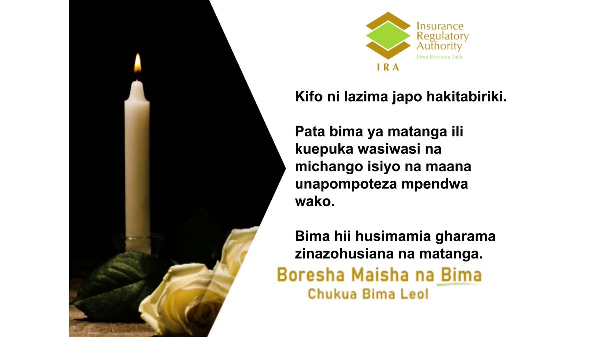 tv_western's tweet photo. Boresha Maisha na Bima.
Pata bima ya matanga ili kuepuka wasiwasi na michango isiyo na maana unapompoteza mpendwa wako.
Bima hii husimamia gharama zinazohusiana na matanga.
Chukua Bima Leo.
@ira_kenya https://t.co/b2Js8DkU94