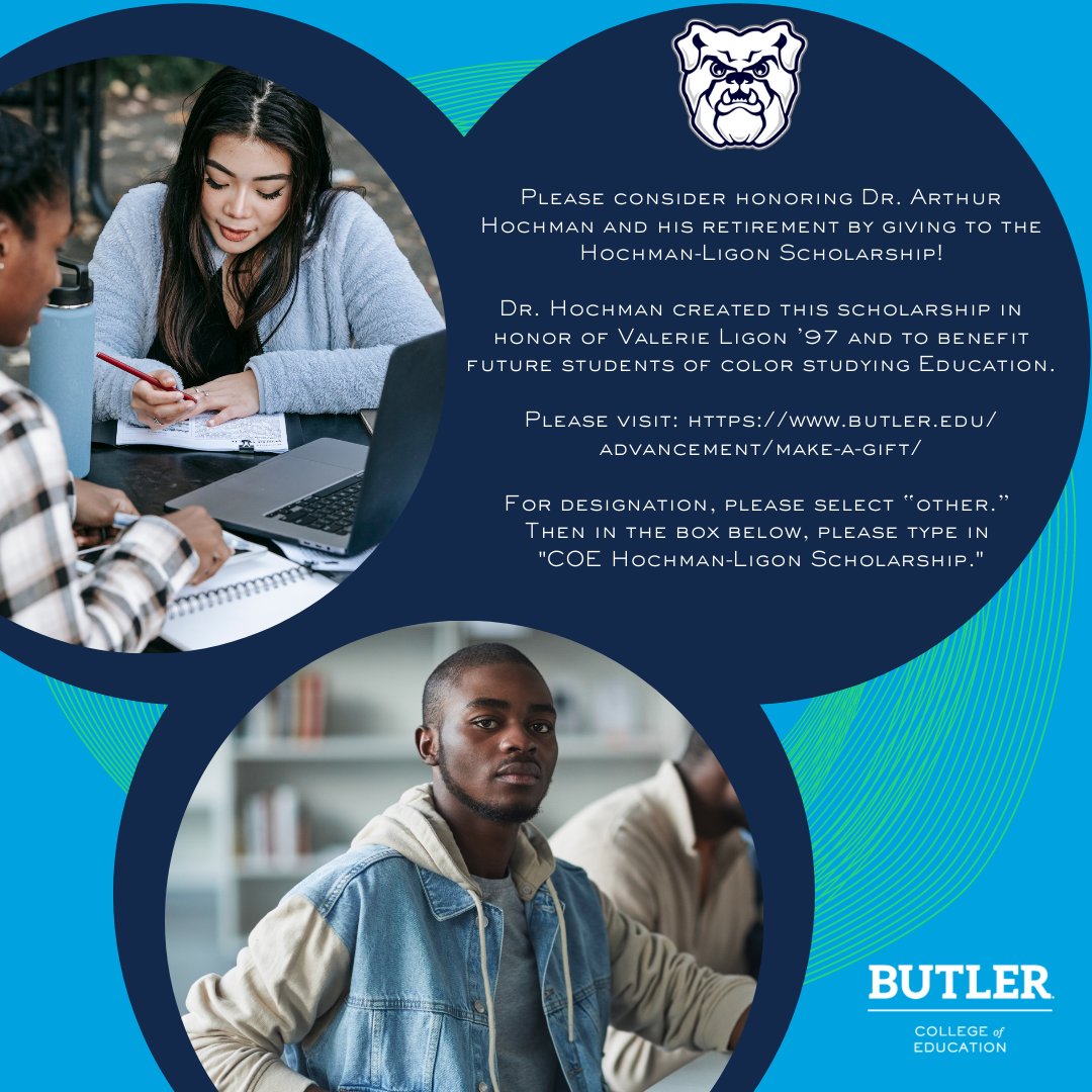 Please consider making a gift in honor of Dr. Arthur Hochman and Valerie Ligon '97 to the Hochman-Ligon Scholarship. Dr. Hochman created this scholarship in honor of Valerie Ligon and to benefit future students of color studying Education.

To give: butler.edu/advancement/ma…