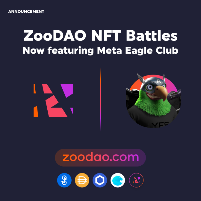 MEC x ZooDAO
Eagles are taking to the skies in @ZooDAO's NFT battles! 
We’re happy to announce that Meta Eagle Club will be integrated into @ZooDAO NFT Battle dapp along side other major collections where you can stake Eagles, and fight against renowned NFTs to earn $ZOO and $DAI