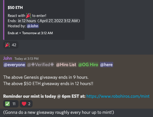 It's mint day alright. How do we know? 
Cause we are doing giveaways non stop in our discord.
discord.gg/robohiros
New ETH giveaways every hour until the mint
And resharing this post gives you the chance of winning one of our raffle tickets for a free NFT

#MINTING #Giveaways