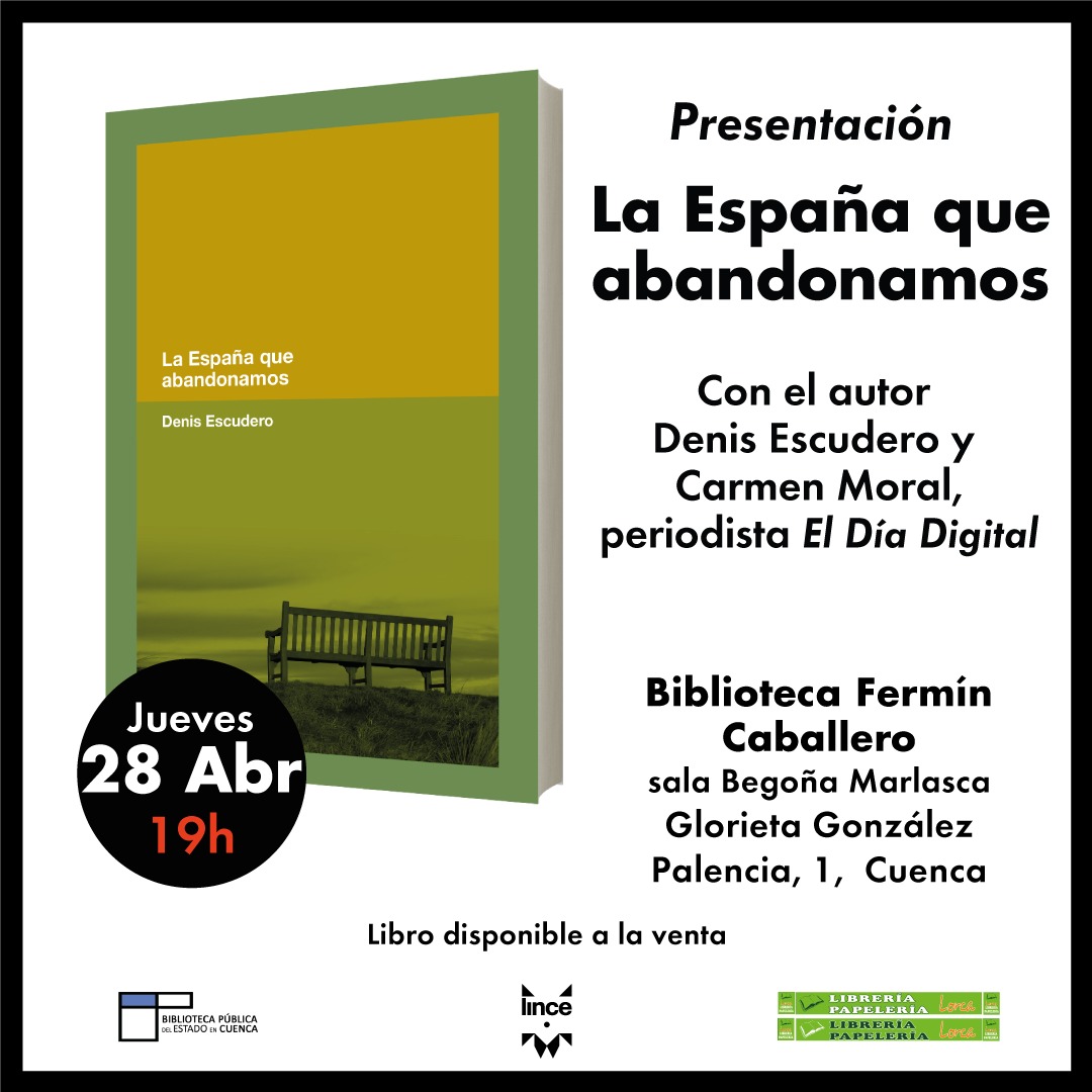 Qué suerte tengo. Este jueves acompañaré a <a href="/sinedescudero/">Denis Escudero Muñoz</a> en la presentación de su libro <a href="/queabandonamos/">La España que abandonamos</a> editado por <a href="/LinceEdic/">Lince Ediciones</a> y que tendrá lugar en la <a href="/BPECuenca/">Biblioteca Cuenca</a> a las 19 horas <a href="/MalpasoyCia/">Malpaso y Cía Libros</a> @portalrubioesms @AlcarriaEsMas <a href="/Eldiadigital_es/">@eldiadigital_es</a>  #LibreríaLorca #Despoblación #Cuenca