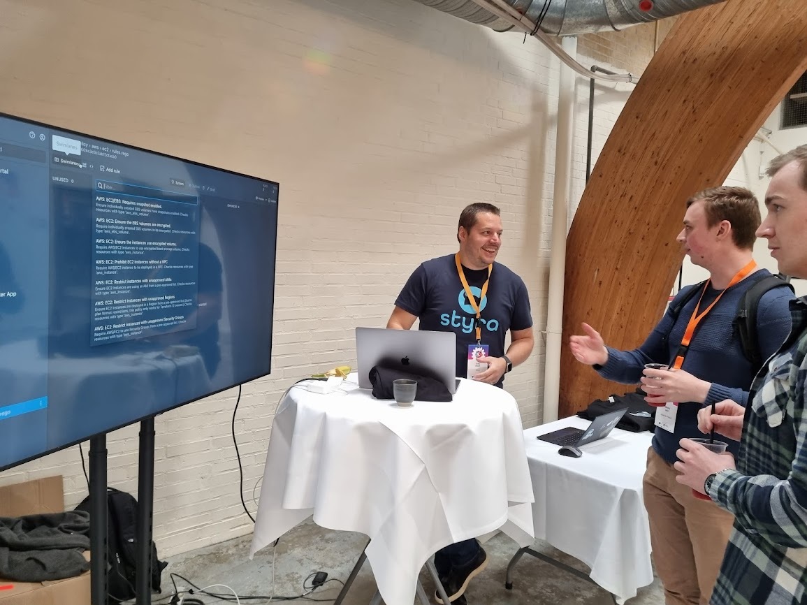 styrainc's tweet photo. We are having a blast 💥 at #DevOpsDaysAarhus today! Stop by our booth to say hi 👋  and see a quick demo of Styra DAS. @devopsdayscph #DevOps #CoudNative https://t.co/llCJVfoEh0