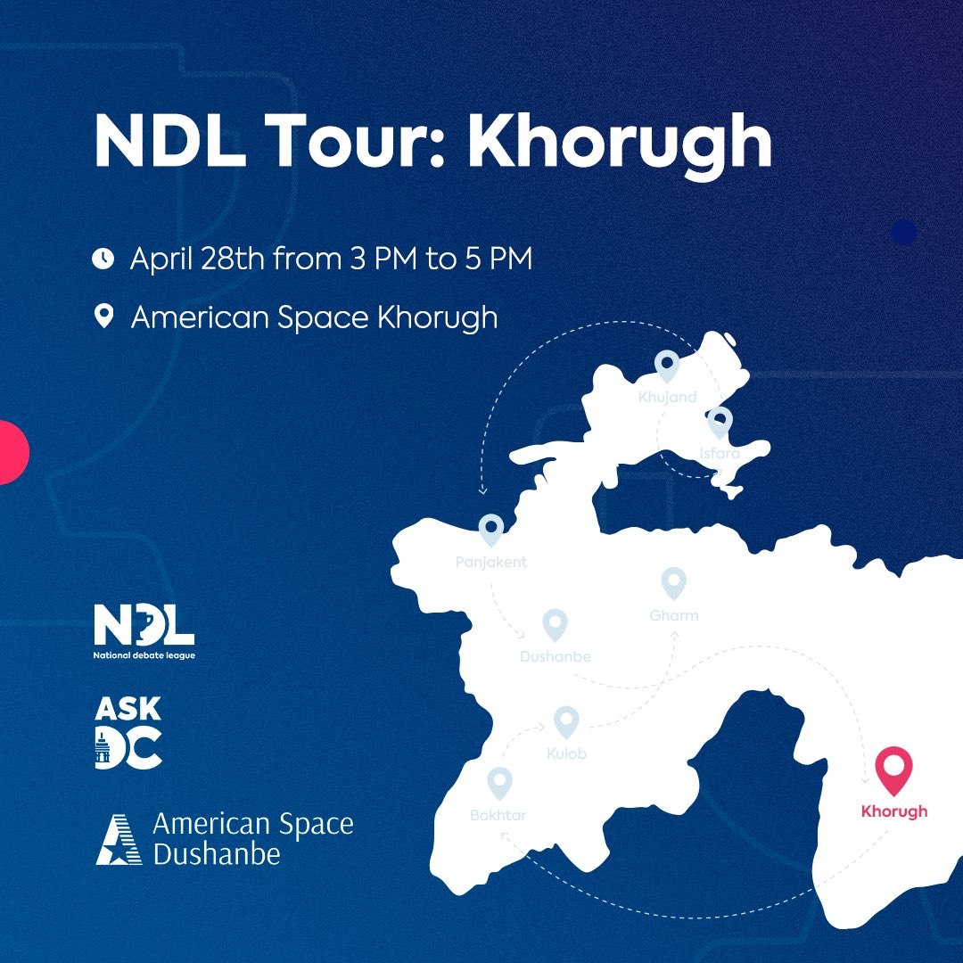 ASKhorugh's tweet photo. NDL in Khorugh 📢

Want to improve improve skills such as public speaking, English language, communications, be educationally empowered, and get knowledge about topics of the day? 

This program is for you! 🤩
⠀
Join us on April 28th at 3 PM at the American Space Khorugh https://t.co/xu9rLzdPcz