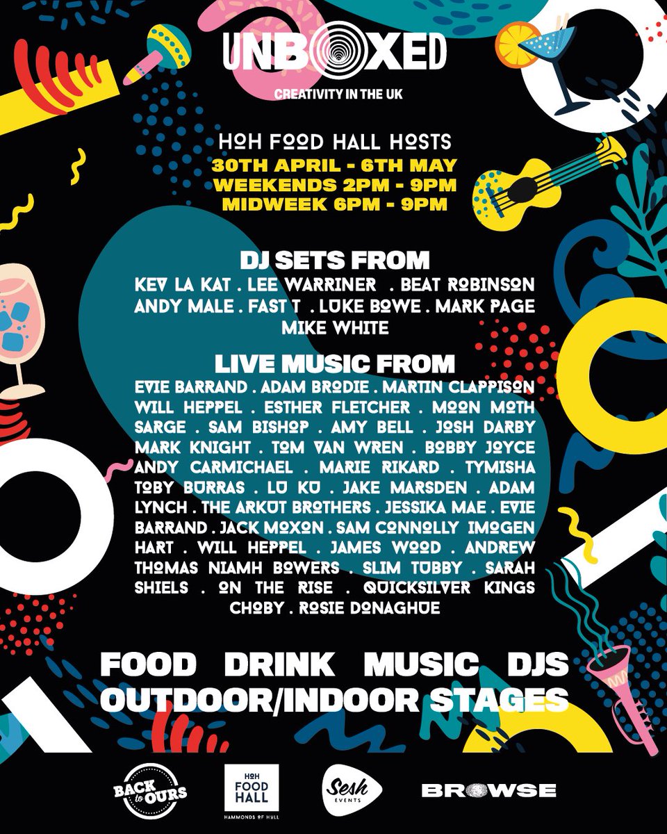 HoH Food Hall (@hohfoodhall) on Twitter photo Launching this Saturday
<a href="/HoHFoodHall/">HoH Food Hall</a> hosts a week-long programme of live music & DJs in conjunction with <a href="/unboxed2022/">unboxed2022</a>
Curated by <a href="/seshevents_uk/">Sesh Events</a> <a href="/browsemag/">Browse Hull</a> in partnership with <a href="/BTOHull/">Back to Ours</a>
Saturday & Sunday
2pm - 9pm
Monday - Thursday
6pm - 9pm Launching this Saturday
<a href="/HoHFoodHall/">HoH Food Hall</a> hosts a week-long programme of live music & DJs in conjunction with <a href="/unboxed2022/">unboxed2022</a>
Curated by <a href="/seshevents_uk/">Sesh Events</a> <a href="/browsemag/">Browse Hull</a> in partnership with <a href="/BTOHull/">Back to Ours</a>
Saturday & Sunday
2pm - 9pm
Monday - Thursday
6pm - 9pm
