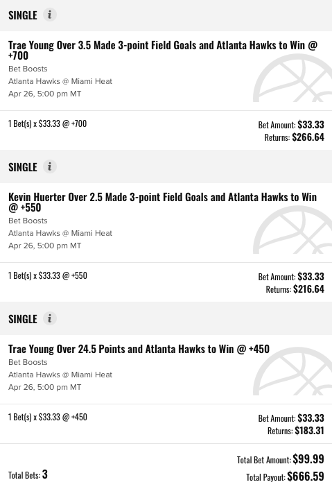 I was able to sneak these in before FoxBet pulled the offers.  I will PayPal/Venmo $50 per leg that hits to one random RTer.  If it sweeps we can make it $200!  GL🍀💰🏀 GO ATL!