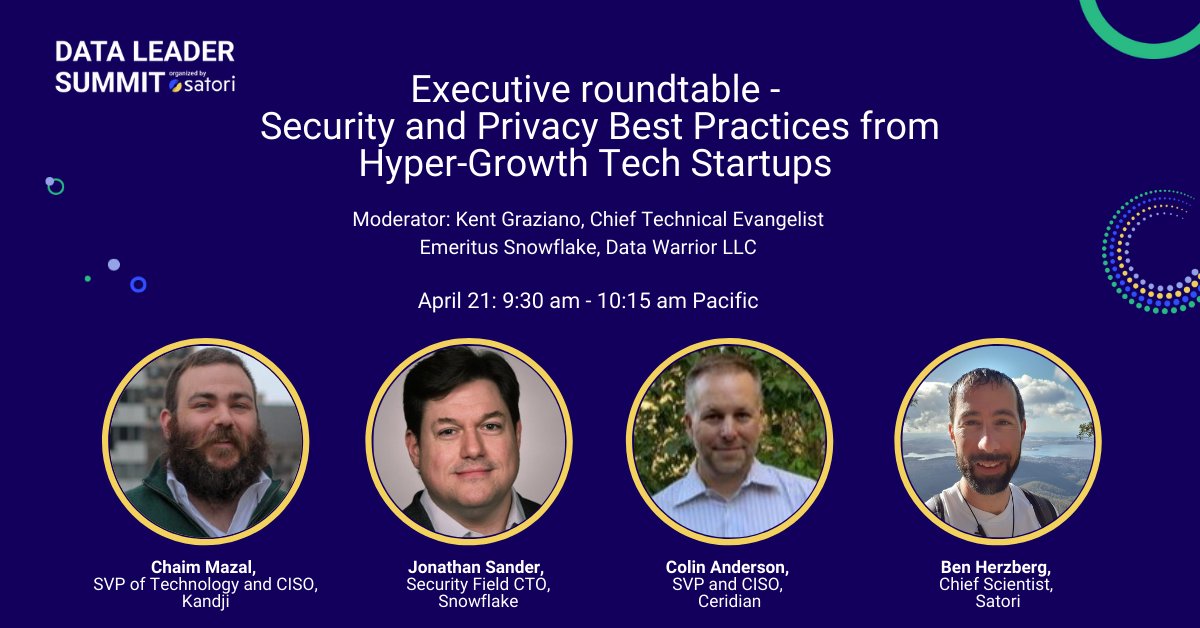 SatoriCyber's tweet photo. Hit replay on #DataLeaderSummit organized by #Satori x @DataSciConnect! Access sessions such as 'Executive roundtable - Security & Privacy Best Practices from Hyper-Growth Tech Startups'.
Watch the replay here: https://t.co/NKnfU865iU https://t.co/PjFUA7NbLn