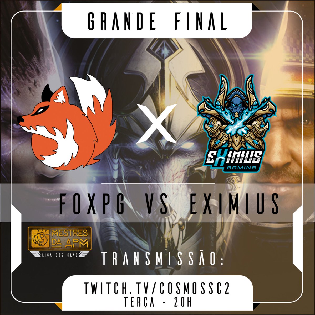 Hoje temos a Final da Liga de Clans  do torneio MESTRES DA APM!

Vamos prestigiar esses 2 Gigantes que conseguiram as vagas na final!

Hoje as 20 horas!
<a href="/CosmosSc2/">Lucas (COSMOS) Faria</a> <a href="/eximius_gaming/">eXimius Gaming</a>