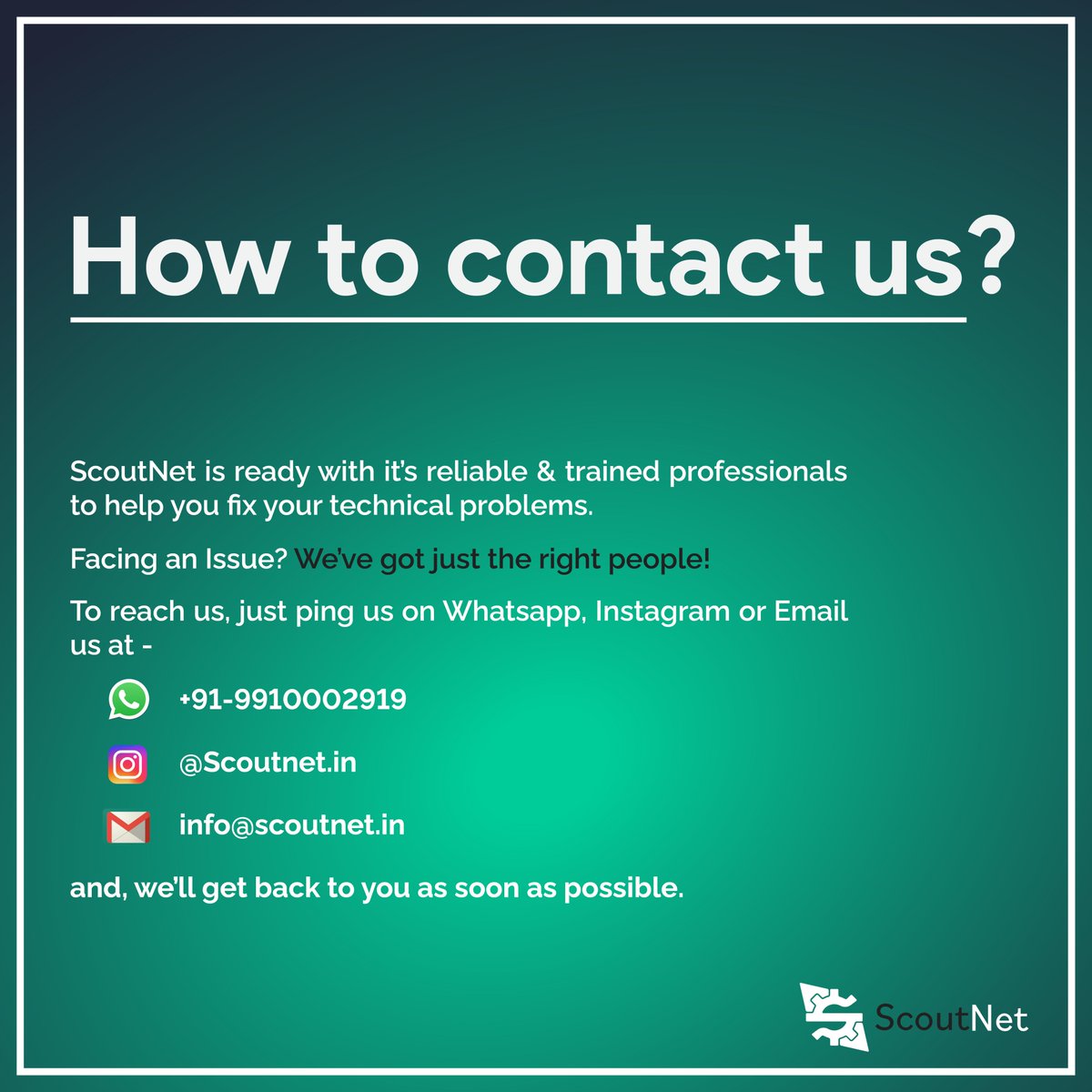 ScoutNet_in's tweet photo. We always say "ScoutNet is just a ping away", but how can you actually ping us?
You can now contact us now at:
๐จ E-mail - info@scoutnet.in
๐ฌ WhatsApp - +91-9910002919
๐ Instagram - *@Scoutnet.in*
Just ping us and, we'll get back to you as soon as possible!
#ScoutNet https://t.co/rhK5sZsmwI