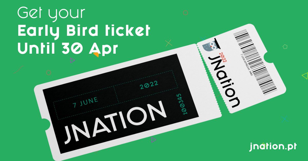 #JNation2022 Conference is getting closer by the day and Early Bird tickets are coming to an end, but you can still grab yours until saturday, the 30th of April! On the 7th of June, in Coimbra, don't miss out on the fun and come make #JNation even better! jnation.pt/tickets/