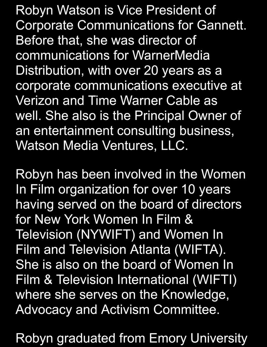 wipsummitatl's tweet photo. INTRODUCING:

Robyn Watson
Board President of Women in Film &amp; Television Atlanta - WIFTA https://t.co/h5whCfPfAf