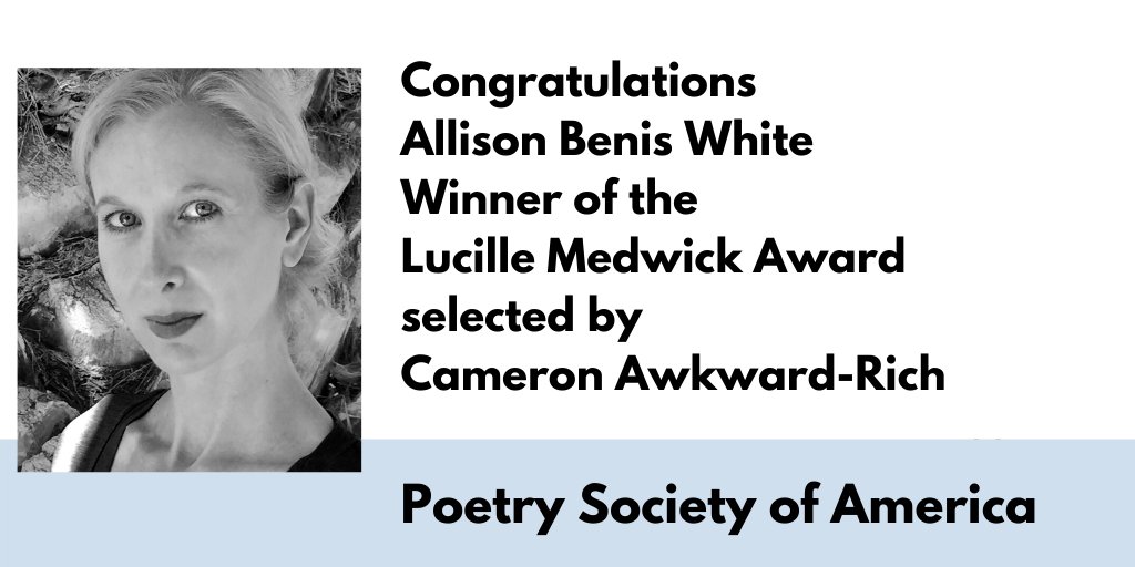 Congratulations to Allison Benis White (<a href="/allisonbenwhite/">Allison Benis White</a>), winner of the ​Lucille Medwick Award, selected by ​Cameron Awkward-Rich. 

Read the winning poem and the judge's citation:
ow.ly/QCsZ50ISPNQ