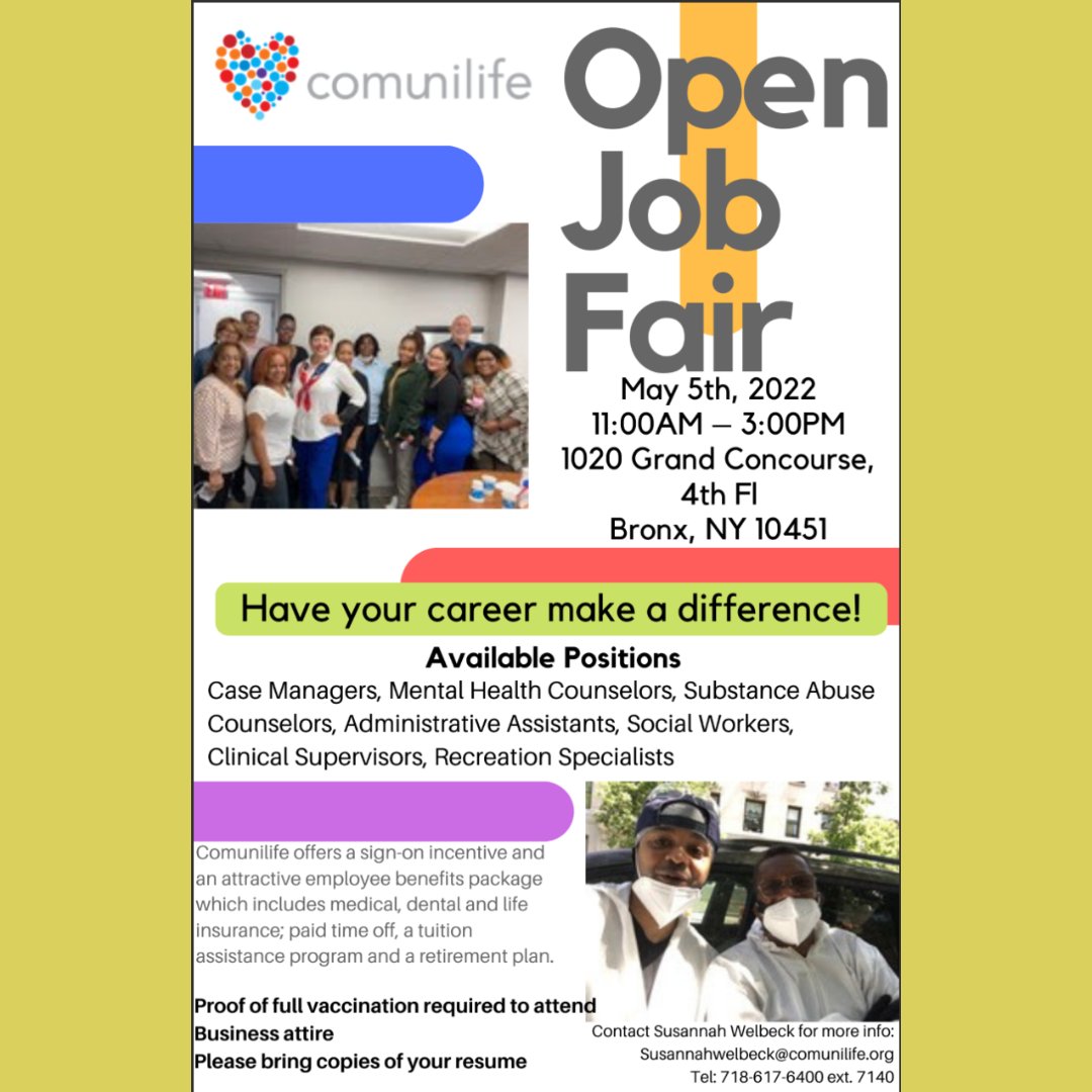 Contact susannahwelbeck@comunilife.org for more information regarding this open job fair!