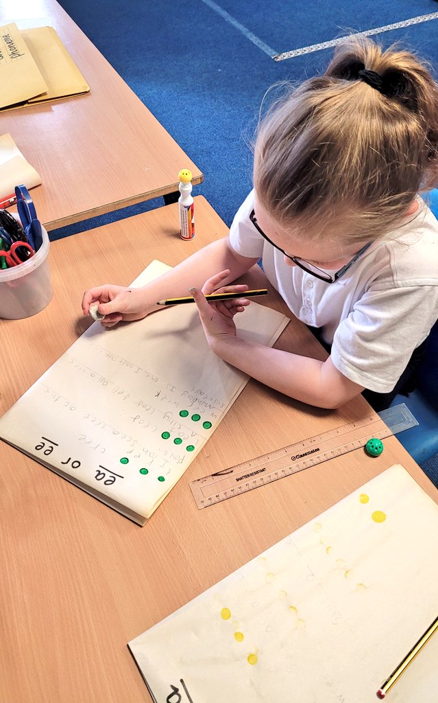 MrsTCaterpillar's tweet photo. We love 😍 using dabber pens to "map out" the sounds before writing our words. 🔵🔵🔵 "tree has 3 sounds -  t-r-ee" #Phonics #Spelling #Reading #EarlyYears #Literacy #SoundMapping https://t.co/WMvo01FfBu