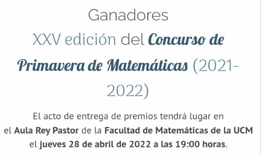 FrayLuisSCJ's tweet photo. Tres alumnos del Fray Luis han sido premiados en la XXV edición del #ConcursodePrimavera de #Matemáticas. La entrega de premios será el 28 de abril en la Facultad de Matemáticas de la UCM.

¡Enhorabuena, Vera, Iñaki y Andrés! 

#FrayLuisPrimaria #FrayLuisSecundaria https://t.co/WyIEXNq7l5