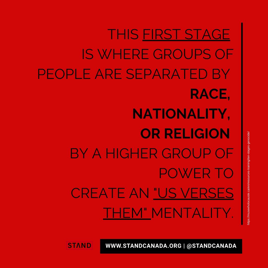 STANDCanada's tweet photo. As Genocide Awareness Month continues. Lets take the time to look back at the 10 Stages of Genocide. Starting off with the first stage - Classification.

#cdnpoli #genocide #standcanada #10stagesofgenocide #classification https://t.co/UzG2QEhinu