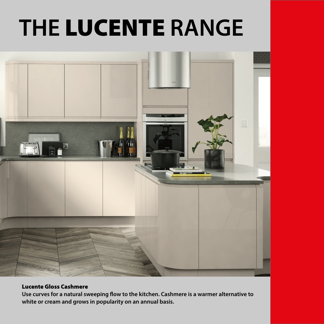 Our Lucente in Gloss Cashmere uses curves for a natural sweeping flow to the kitchen. Cashmere is a warmer alternative to white or cream and grows in popularity on an annual basis. Get in touch today for a FREE quote &amp; 3D Design 
🌐  kitchensplusbathrooms.co.uk/request-a-quot…
📲 01912123456