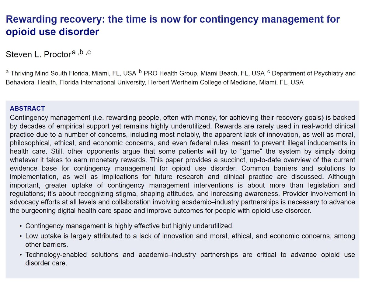 DrStevenProctor's tweet photo. 1/Despite decades of rigorous research studies showing considerable benefits for contingency management, a number of barriers (moral, ethical, legal, etc.) to widespread adoption persist; fortunately, many obstacles can be overcome. New paper in Annals of Medicine @tandfmedicine https://t.co/gTaILU8YMO