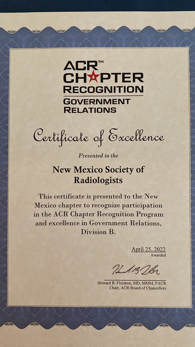 Proud to be part of the New Mexico Society of Radiologists and share in the Chapters Recognition Award for Government Relations in the B Division at #ACR2022.  @ACRRAN @ACRYPS @RadiologyACR @RADPAC