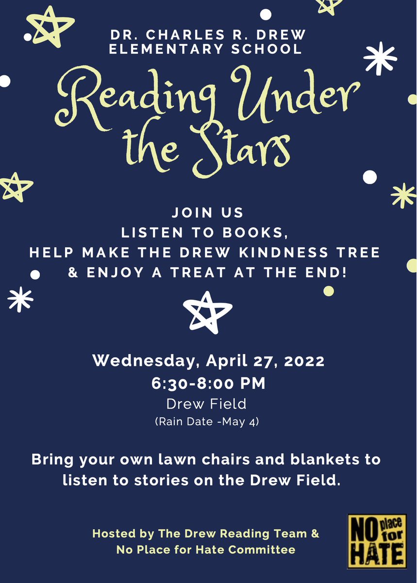 APSDrew's tweet photo. Come join us tomorrow April 27 and Read Under the Stars. Ts will be reading some of their favorite books to Ss and families. Help design the Drew Kindness Tree presented by our No Place for Hate committee.  @APSVirginia @Gaither_Tracy @CMooreAPS @DrewPTA https://t.co/lpTOSdLQlk