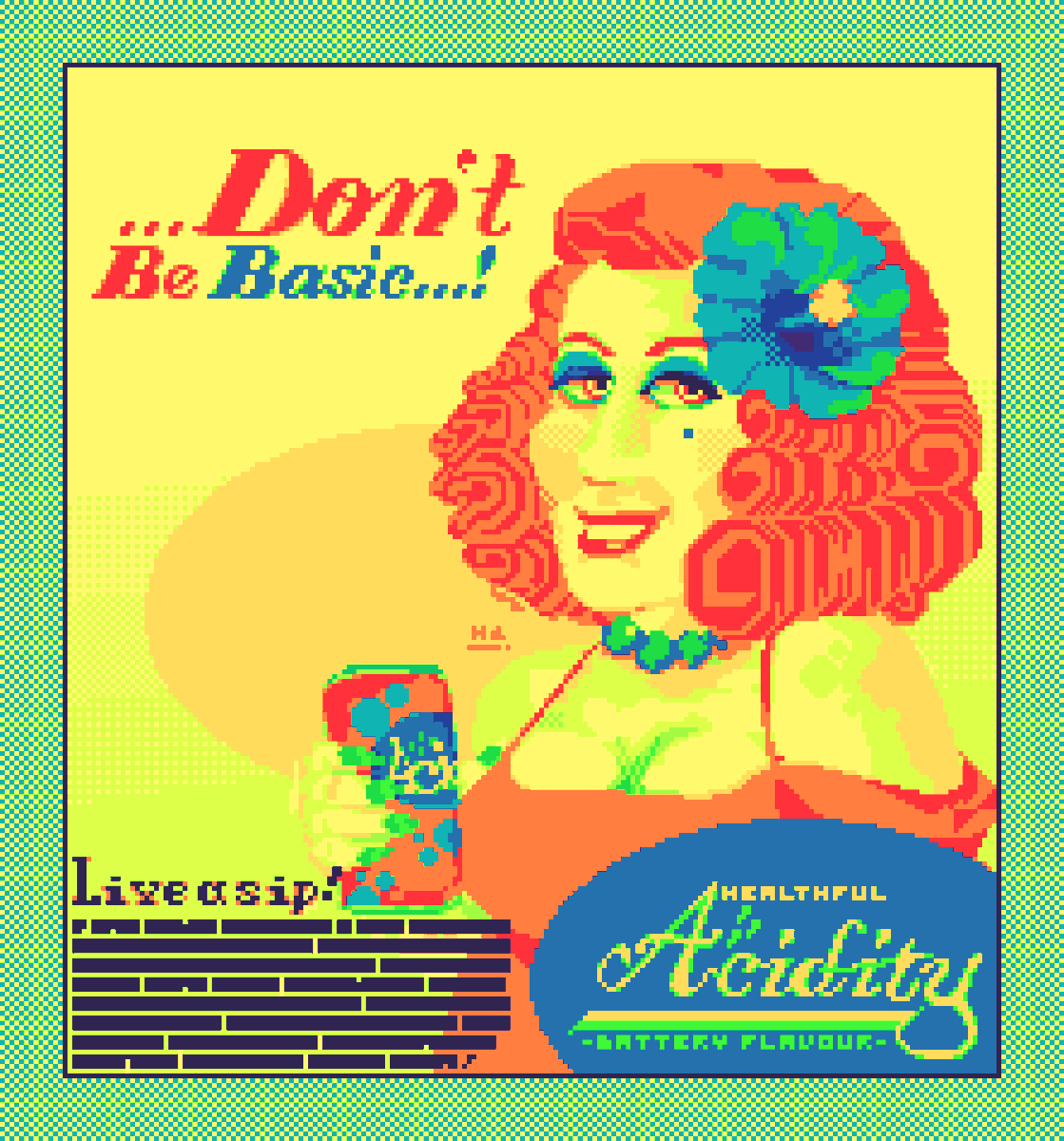 Haboocas's tweet photo. @BadPalettes Darling #Ph14, An advertisement for ACIDITY, the Delicious Battery-Flavoured Soda which is All-red on the Litmus test!

#Pixelart https://t.co/z0OK88f6bt