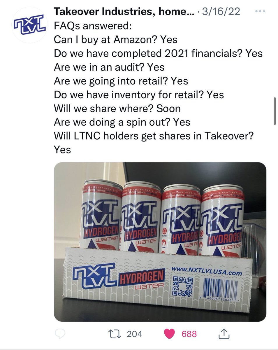 82_USjams's tweet photo. Little over a month ago, expecting an update soon. Hopefully more information can be released to shareholders. We’re back on Amazon, we’re now in retailers, cans have arrived for inventory, spin-out is active. Looking for audit completion &amp; spin out timeframe? #NXTLVL $LTNC 👊🏽💦 https://t.co/3sinUQb4uc