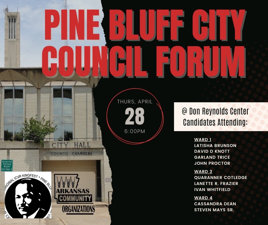 arcommorg's tweet photo. Be an informed voter, #PineBluffAR
City Council Candidates Forum
Thursday, April 28, 6pm
#Vote #Elections2022 #LocalElectionsMatter https://t.co/ZkqEr1X49F