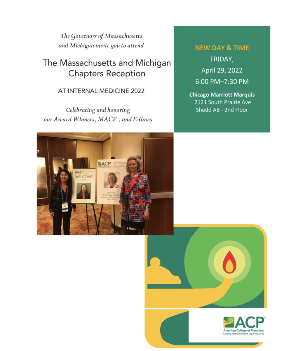 DrElisaChoi's tweet photo. .@ACPinternists Welcome to Chicago &amp; ACP #IM2022! Look forward to seeing everyone “in 3D” at @ACPMAChapter @MIChapterACP Joint Reception Friday 4/29 6pm. #IMProud #Twitternists Join us! @MarthaG77893189 @ldlayer #IMEssential https://t.co/Y9gUnMq79K