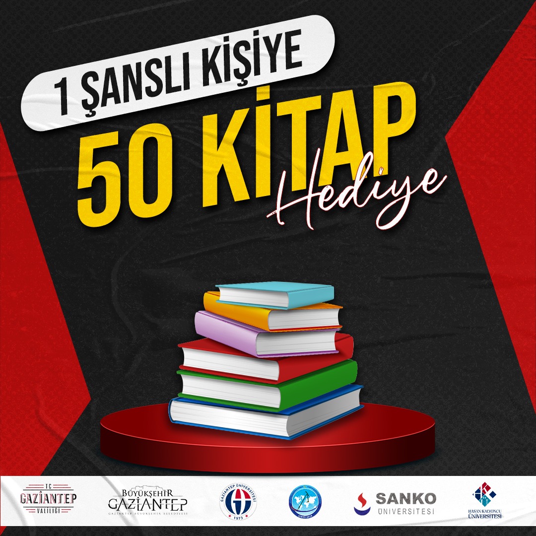 Çekiliş var!🎉
1 kişiye 50 adet kitap hediye ediyoruz🎁
Kazanmak için yapman gerekenler👇
- <a href="/gkitapfuari/">Gaziantep Kitap Fuarı</a> hesabını takip et.
- Çekiliş tweetini beğen.
- Yoruma 3 arkadaşını etiketle.
👉Çekiliş sonuçları 03 Mayıs 2022 tarihinde Twitter  sayfamızda açıklanacaktır.