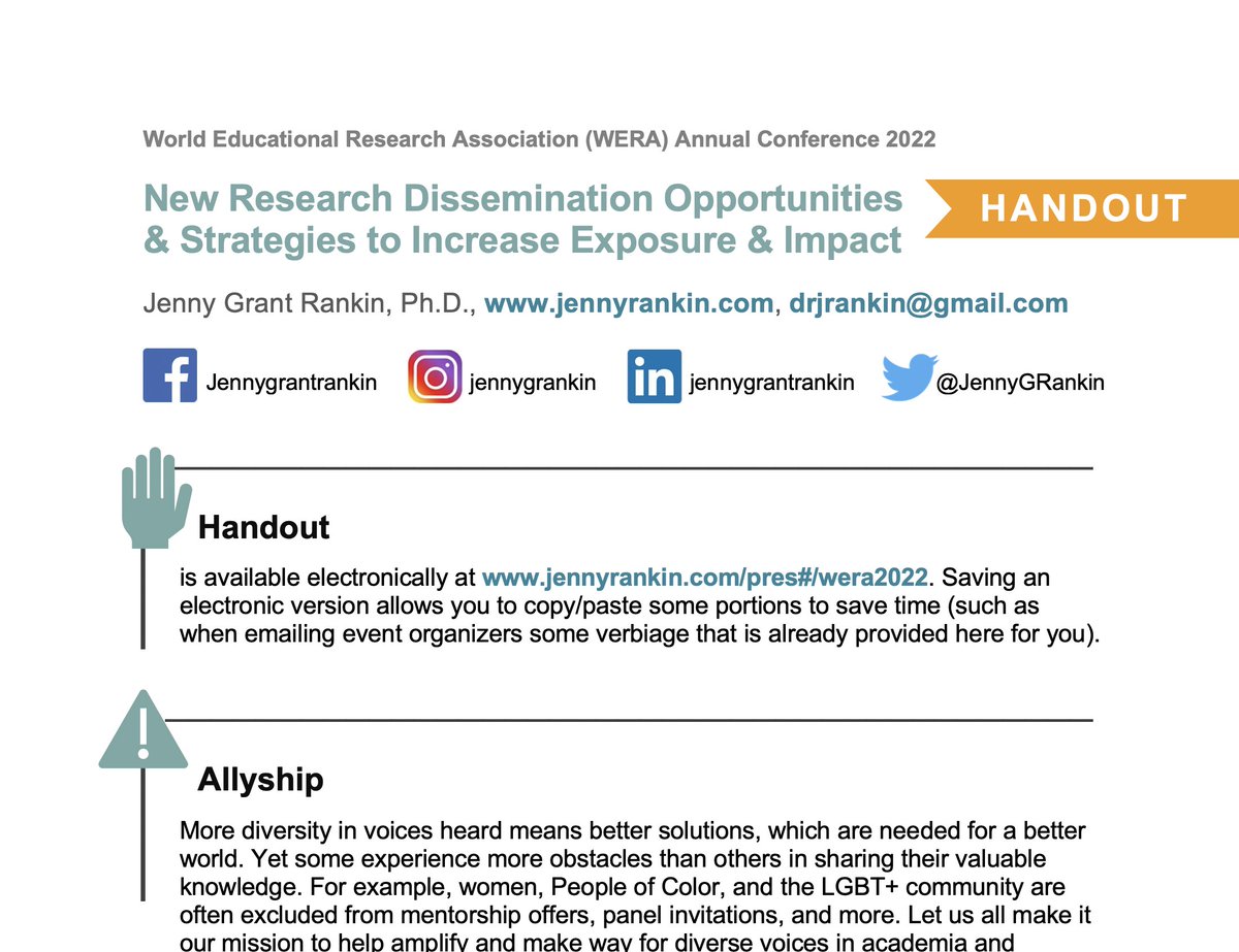 JennyGRankin's tweet photo. Excited to present at #WERA2022/#AERA2022 today! Here is my handout for "New Research Dissemination Opportunities and Strategies to Increase Exposure and Impact": https://t.co/MWGFNxi9hY
#highered #ECRchat #Eddata #ResearchComm #ScienceComm https://t.co/zcVNUqtnI4