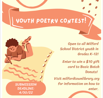 Roses are red
Violets are blue
We are ALL poets
Even YOU!
Calling all students in K-12 to enter the Milford Town Library Poetry Contest!  Submit your entries by 4/30 #MPSlovesliteracy