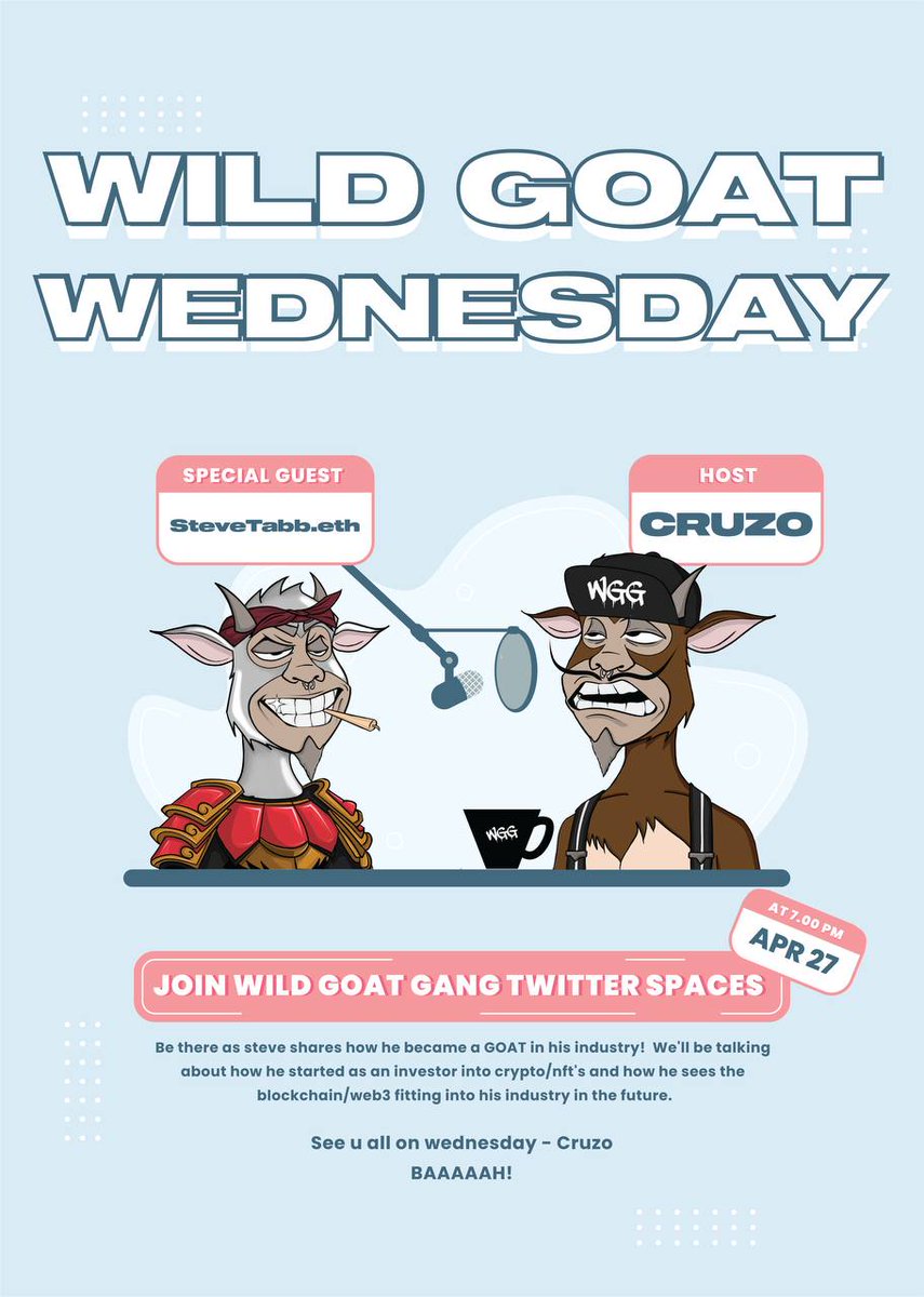 GM GOATS!🐐

Tomorrow we're going live with our first wild goat wednesday's twitter spaces. Our very own <a href="/NJSTEVE007/">Uncle Steve</a> will be hopping on as our first guest to discuss his journey into the automotive industry.🚗🎙

#blockchain #web3 #automotive