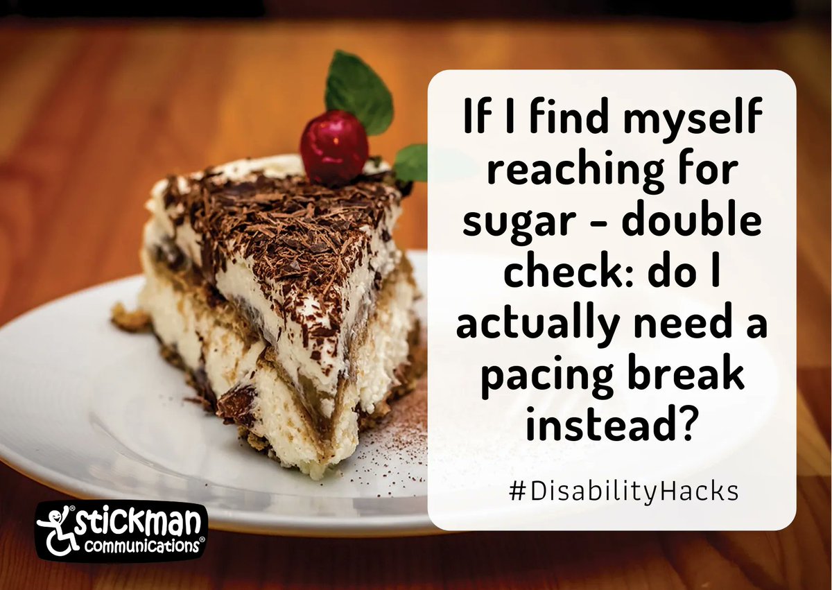 Note to self: If #fatigue / #BrainFog levels have me reaching for sugar as artificial energy - it's time for a break! Lie down or move about, rest the brain, recharge - then return to the task when the actual energy levels can cope with it. 
#DisabilityHack #Pacing