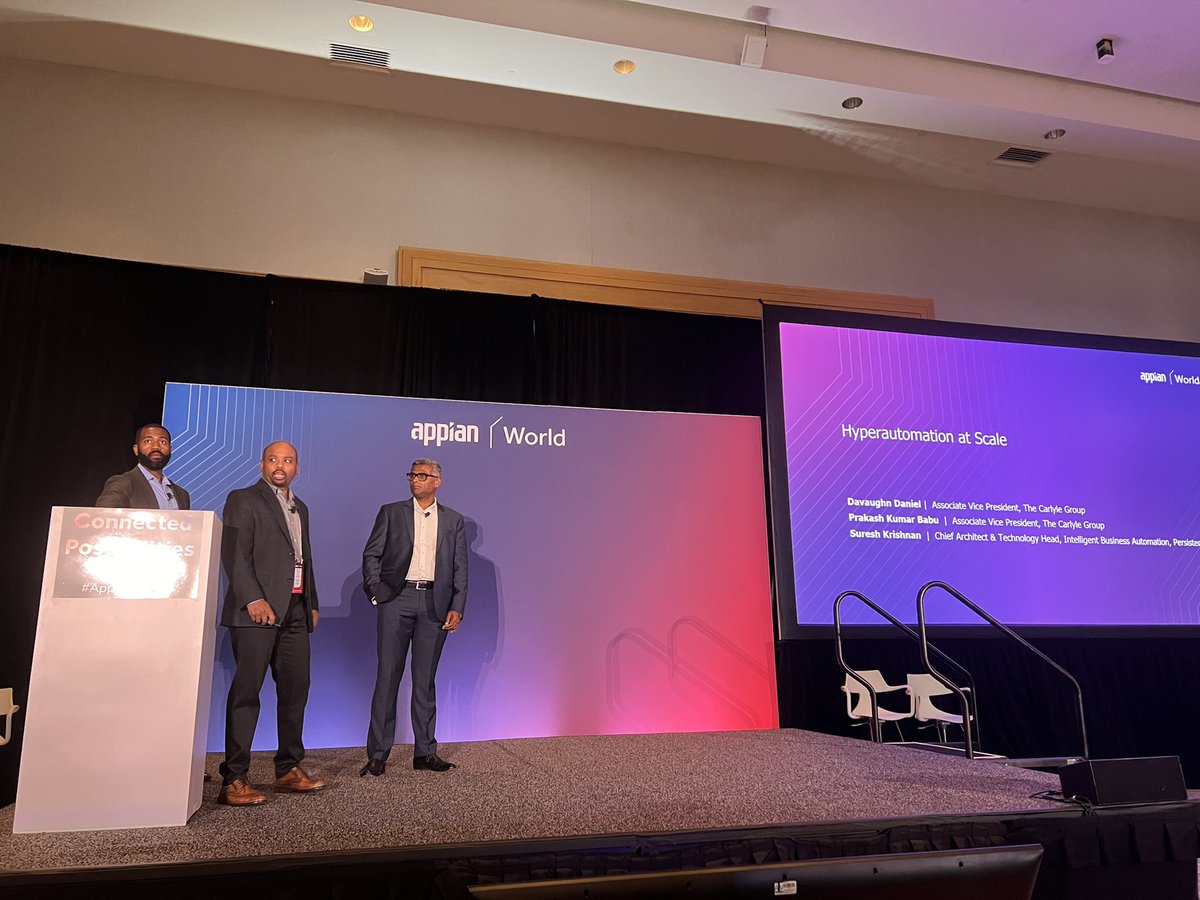 nrtrainor1's tweet photo. Our session with @OneCarlyle on their Hyperautomation journey with @Persistentsys    and @Appian is about to begin! Come join us in the Diplomat Ballroom 1,2. https://t.co/U9A9UzRzpy