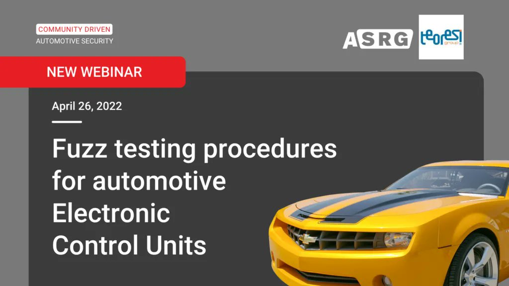 AutoSecResGroup's tweet image. LIVE NOW!
Don't miss this webinar! "Fuzz testing procedures for automotive Electronic Control Units". with Claudio D’Avino from Teoresi Group
youtu.be/3qJb1CPTNVY
#ASRG #TeoresiGroup #FuzzTesting #automotive