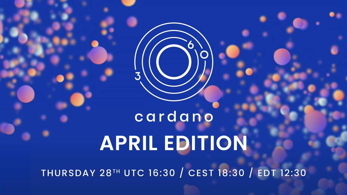 IOGroup's tweet photo. 📢 #Cardano360 – your monthly tour of the Cardano universe is coming on Thursday, April 28th

🗒️ On this month's agenda:

👉 Development update &amp; Vasil HF latest
👉 New Marlowe Pioneers course 
👉 Sidechains
👉 #Cardano @consensus2022 

+ more!

🔔 https://t.co/kMcA37Gjmc https://t.co/hc0Jgg1YJ5
