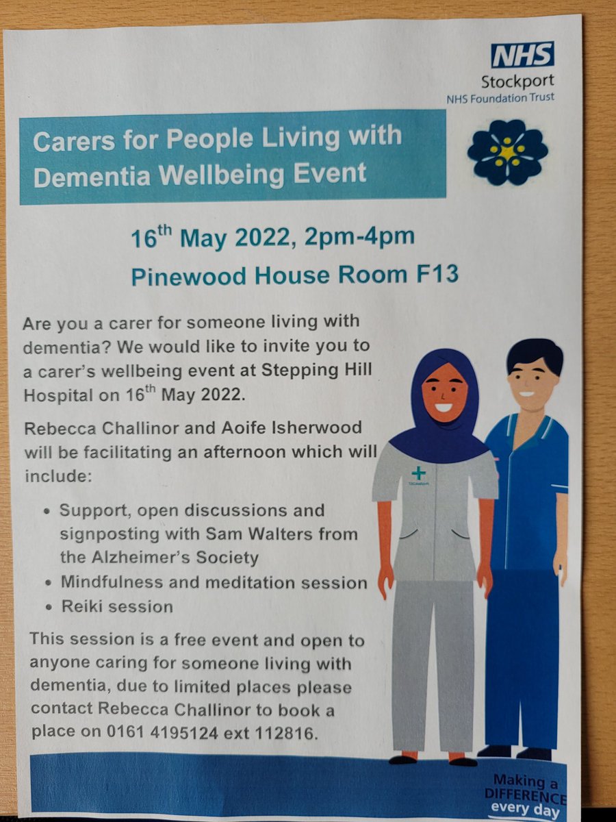 StockportNHS's tweet image. We’re providing a free wellbeing afternoon for carers at Stepping Hill on Monday 16th May. Including meditation &amp;amp; mindfulness sessions; everyone who care for someone living with #dementia is welcome. See here for details tinyurl.com/2p8uhrk5