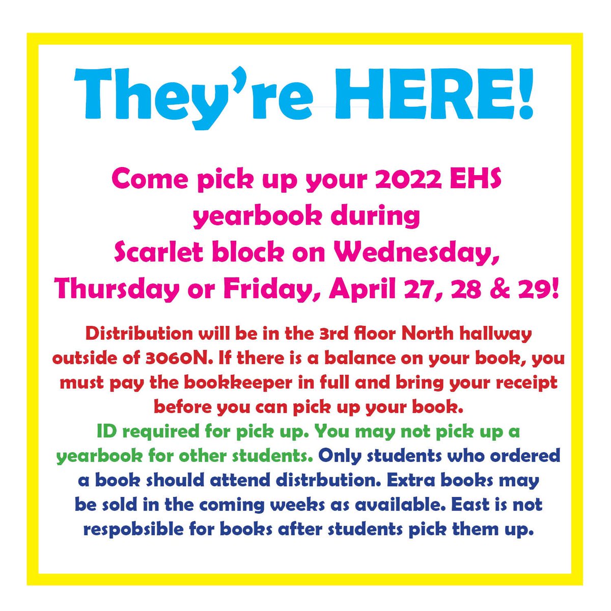 TheEHSQuill's tweet photo. Tomorrow is the day‼️ if you ordered a yearbook, you can pick it up tomorrow during Scarlet block‼️ https://t.co/5SGBJ26mhk