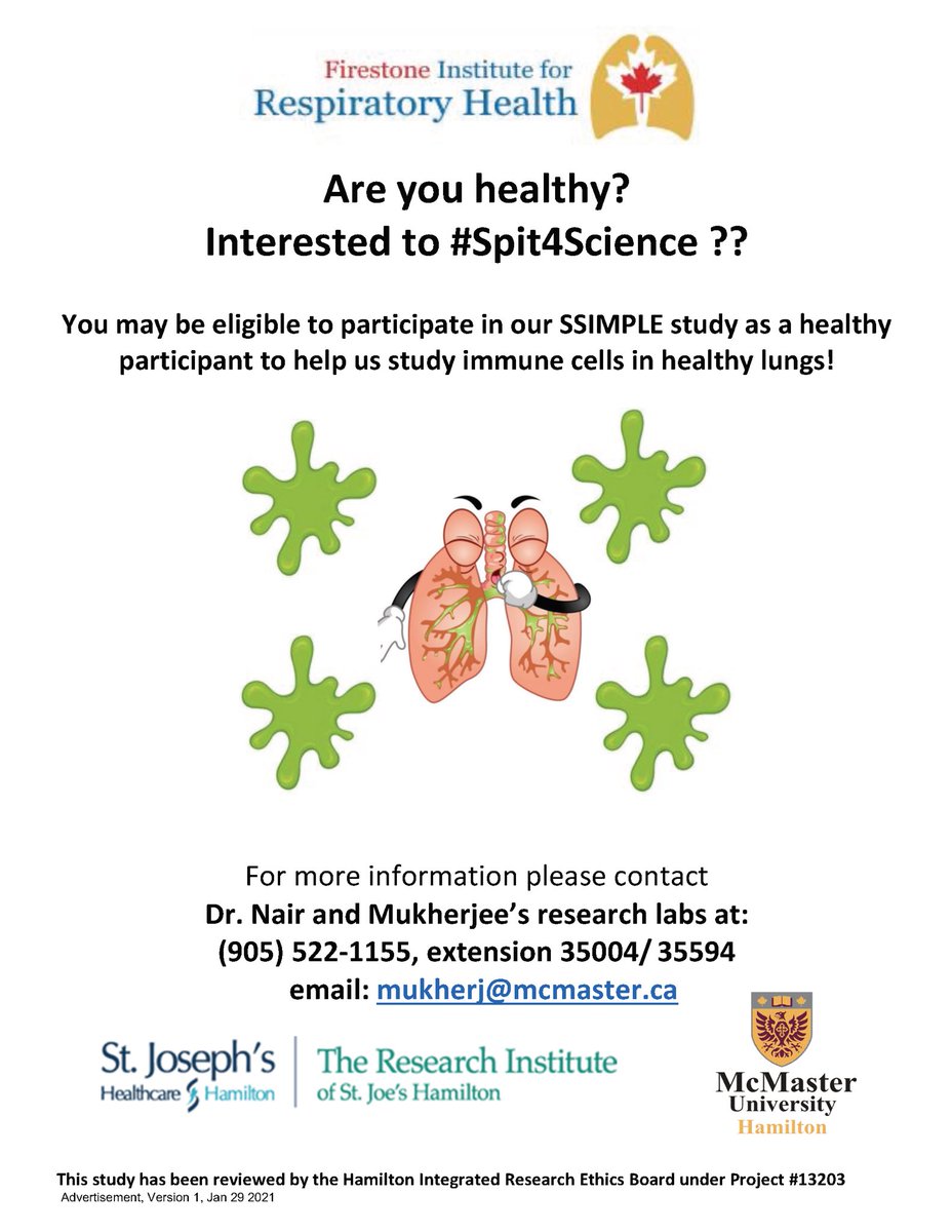 MacImmunology's tweet photo. Hey #HamOnt! Interested in contributing to exciting #Spit4Science research about lung inflammation? @DrMMukherjee is looking for volunteers today! @MacDeptMed @ResearchStJoes. See flyer for contact details https://t.co/7smbTNEj0O