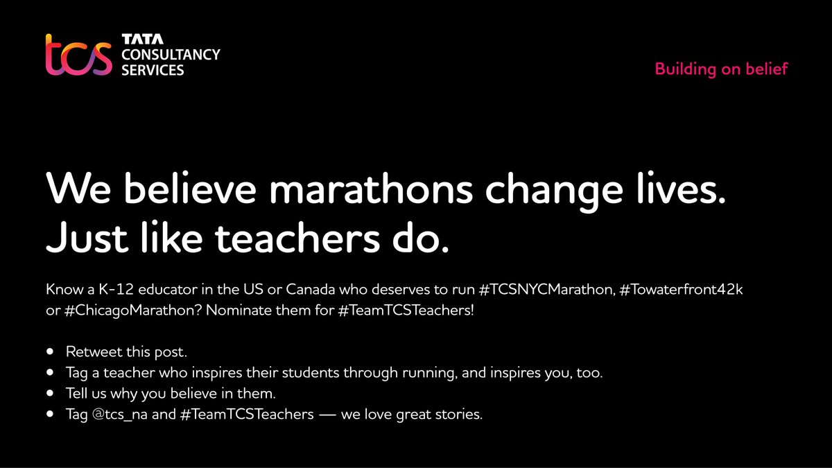 tcs_na's tweet photo. Nominate an educator for #TeamTCSTeachers by 5/15! Retweet this post, tag a teacher who inspires students through running, and tell us why you believe in them. #allthefeels https://t.co/h5y7zcGNYR #Buildingonbelief https://t.co/qHJkQkQf5J
