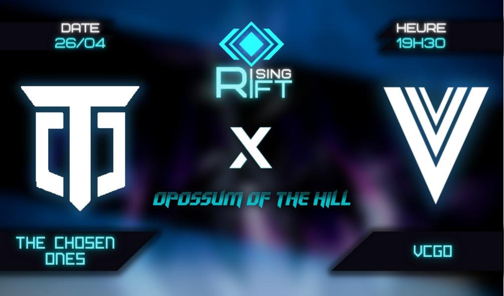 Ce soir a 19h30 :
Rising Rift -Opossum Of The Hill Edition : Semaine 5
@Vortex_CGO  VS  The Chosen Ones
#YouRiseWeRise