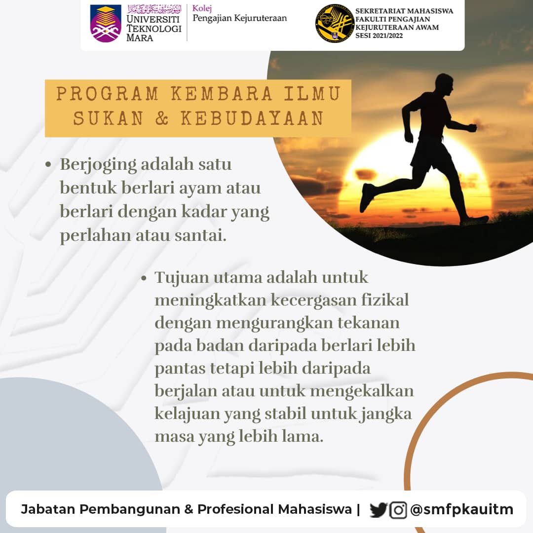 SMFPKAUiTM's tweet photo. Assalamualaikum W.B.T,
Salam Sejahtera, 
Salam UiTM Di Hatiku.

PROGRAM KEMBARA ILMU SUKAN DAN KEBUDAYAAN

Sukan: Joging 🏃🏻‍♀️🏃🏻‍♂️

Berjoging adalah satu bentuk berlari ayam atau berlari dengan kadar yang perlahan atau santai. https://t.co/WY4s6AuMEw